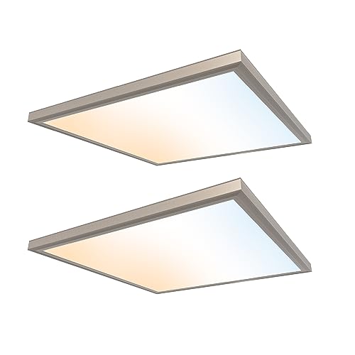 UltraLux 2x2 Surface Mount LED Panel TRIAC Dimmable 3CCT Brushed Nickel 2Pk | 3000 lumens, 120-degree beam, CRI>80, aluminum build, damp-rated, fits junction boxes, over 50,000 hours, 5-year warranty - color: Brushed Nickel, size: 2X2 (2 Pack)