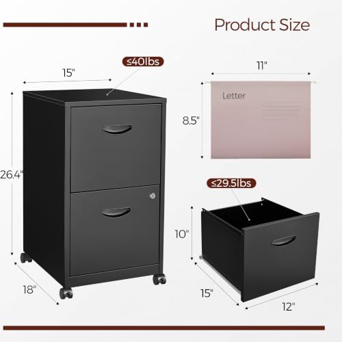 Metal 2 Drawer File Cabinet with Lock & Wheels for Office,Black | Small Mobile File Cabinets for Home Office, Under Desk Vertical Rolling File Cabinet Fit Hanging Files, Letter & A4 Documents - color: Black, style: 2 Drawers Mobile File Cabinet