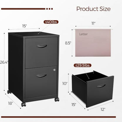 Metal 2 Drawer File Cabinet with Lock & Wheels for Office,Black | Small Mobile File Cabinets for Home Office, Under Desk Vertical Rolling File Cabinet Fit Hanging Files, Letter & A4 Documents - color: Black, style: 2 Drawers Mobile File Cabinet