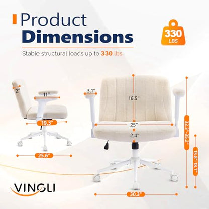 VINGLI Criss Cross Chair with Adjustable Flip-Up Arms,Cross Legged Chair with Wheels, Extra Wide Office Chair,Cozy Desk Chair for Home Office, Vanity, Apartment,Chenille Velvet,Beige - color: Beige