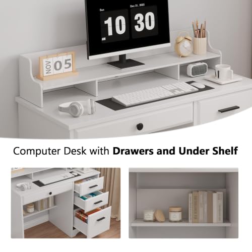 4 EVER WINNER White Desk with Drawers, 44 Inch Small Computer Desk with File Drawer and Monitor Stand, Wood Desk with Storage Shelf for Small Spaces, Living Room, Bedroom, White - color: Pure White