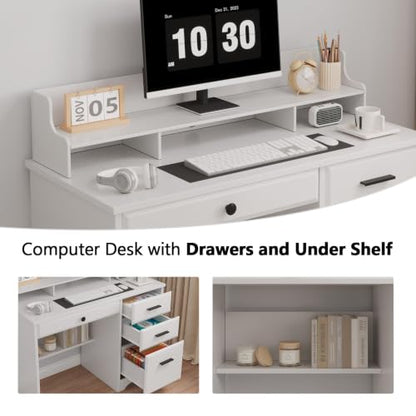 4 EVER WINNER White Desk with Drawers, 44 Inch Small Computer Desk with File Drawer and Monitor Stand, Wood Desk with Storage Shelf for Small Spaces, Living Room, Bedroom, White - color: Pure White