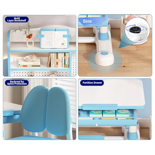Kid Study Desk and Chair Set 3-12 Height Adjustable Ergonomic Desk | School Art Desk, 50° Tiltable Desktop, Easy-Turn Crank, Storage Drawer & Built-in Bookstand for Children Boys & Girls - color: 013-blue-31.5in
