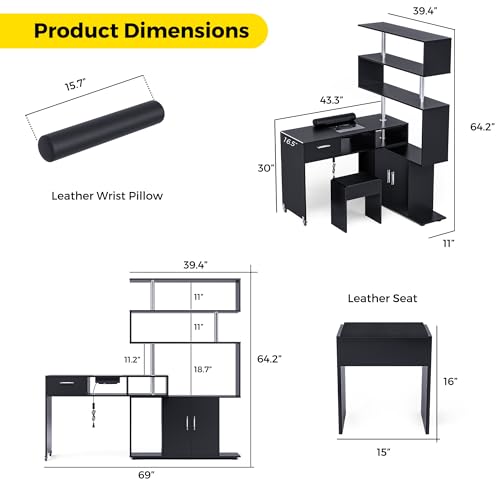 Kikihouse Manicure Table Nail Desk with Stool, Rotating L-Shaped Nail Tech Desk with Dust Collector, Two-Way Drawer, Cabinet & Storage Shelves, Reversible Manicure Workstation on Wheels (Black) - color: Black