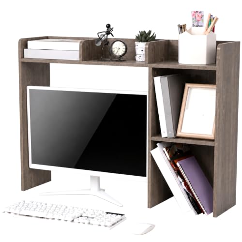 Briwooody Dorm Desk Bookshelf Desk Hutch Organizer with 5 Shelves and 3 Tier Desktop Hutch Storage Organizer for College Dorm Home Office Supply, 32.5 x 23.5 x 8 Inch(Grey) - color: Grey
