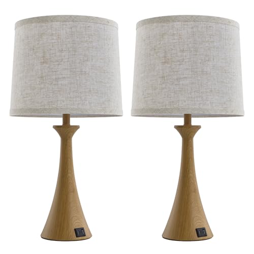 Touch Table Lamps Set of 2, 21" Bedside Lamps with USB C+A | 3 Way Dimmable Nightstand Lamps with Linen Shades, 2 LED Bulbs Included, Touch Lamp for Living Room, Bedroom and End Tables - color: Wood Grain
