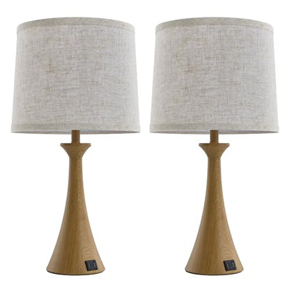 Touch Table Lamps Set of 2, 21" Bedside Lamps with USB C+A | 3 Way Dimmable Nightstand Lamps with Linen Shades, 2 LED Bulbs Included, Touch Lamp for Living Room, Bedroom and End Tables - color: Wood Grain