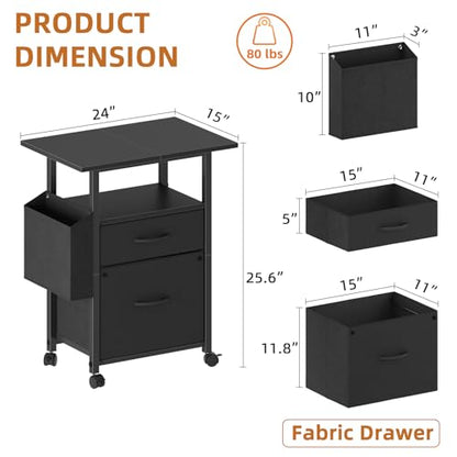 GYIIYUO 2 Drawer File Cabinet 24''W, Mobile Filing Cabinet, Printer Stand | 24'' Extended Desktop, Rolling, Side Bag, Fits A4/Letter Size, Home Office, Fabric Drawer, Black - color: Black