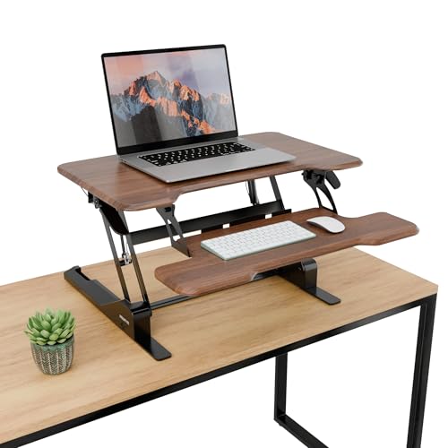 Mount-It! Height Adjustable Standing Desk Converter, Compact 30” Wide Tabletop Standing Desk Riser with Gas Spring, Desktop Stand Up Workstation with Keyboard Tray Fits Monitor or Laptop, Dark Walnut - color: Dark Walnut, size: 30 Inches