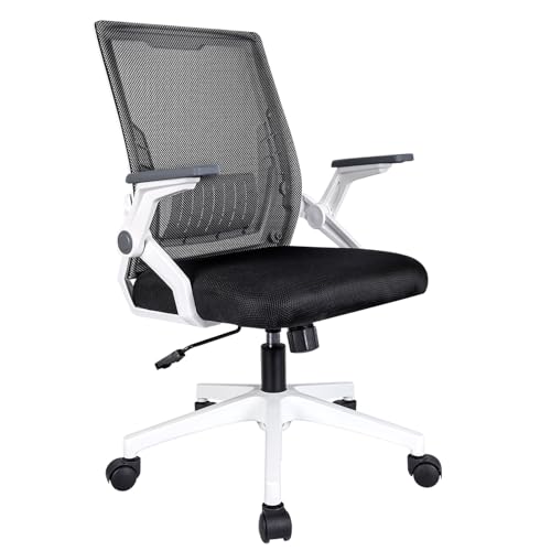 Ergonomic Office Chair with Flip-Up Arms, Small Desk Chair with Breathable Mesh Back, Home Office Desk Chair that Saves Space, Compact Swivel Computer Chair - color: White