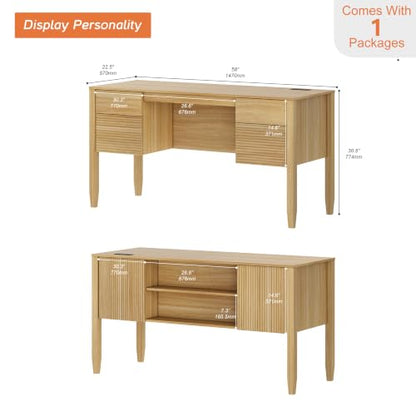 WAMPAT Fluted Executive Desk with Drawers, 58" Modern Home Office Computer Desk with Charging Station, Storage Shelves, Wood Writing Study Desk for Work, Study, Writing, Oak - color: Oak