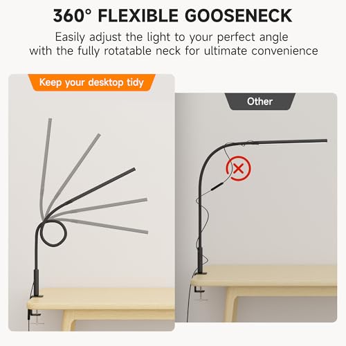 Clamp on Desk Lamp for Home Office, Eye-Caring Jigsaw Puzzle Desk Light | Desk Lamp with Clamp Mount, 3 Colors Stepless Dimming, Flexible Gooseneck Table Lamp with Adapter for Sewing, Black - color: Black Pro