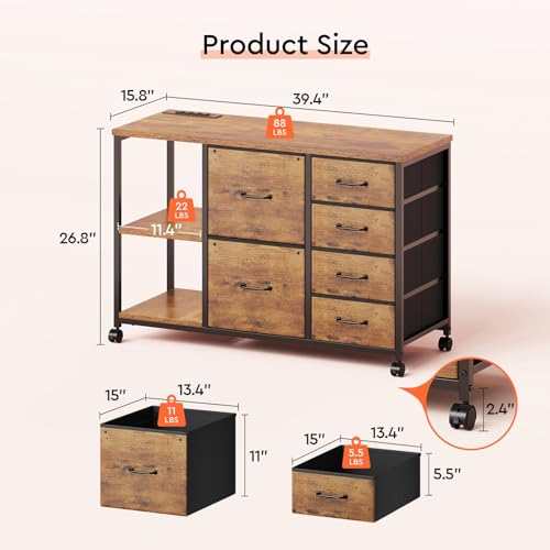 Maihail 6 Drawer File Cabinet with Charging Station and Open Storage Shelf - color: Rustic Brown+brown Drawer