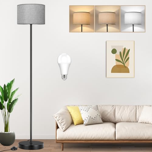 65’’ Tall Floor Lamp for Bedroom, Living Room Pole Floor Light with Grey Shade, Dimmable Standing Floor Lamp with 3-Color Changing LED Bulbs, Simple Design E26 Stand-up Lamp with Foot Switch - color: Black+Grey(Shade)