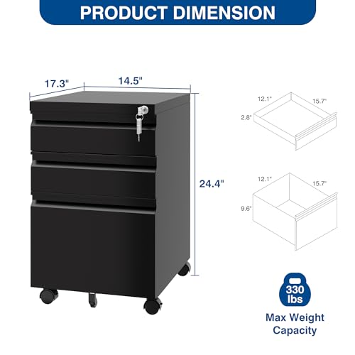 Fesbos 3 Drawer Mobile Metal File Cabinet, Black Filling Cabinets with Lock, Pre-Built Office Storage File Cabinet with Wheels Under Desk - Assembled Required - color: Black, size: 14.5"W-3 Drawers-Un-assembled