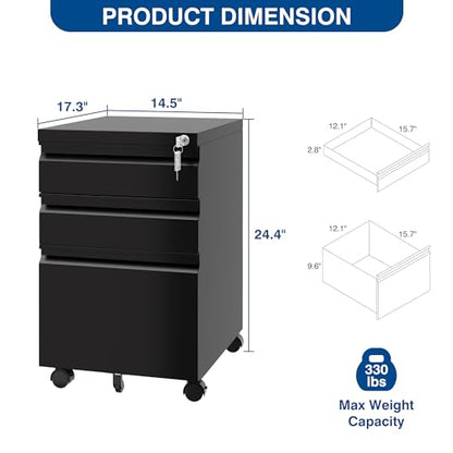Fesbos 3 Drawer Mobile Metal File Cabinet, Black Filling Cabinets with Lock, Pre-Built Office Storage File Cabinet with Wheels Under Desk - Assembled Required - color: Black, size: 14.5"W-3 Drawers-Un-assembled