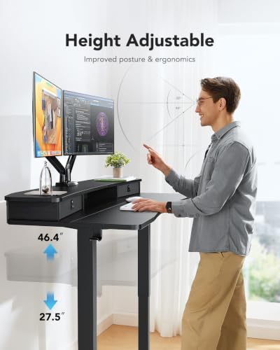 HUANUO 55″ x 26″ Electric Standing Desk with 2 Drawers, C-Clamp Mount Compatible, Height Adjustable Computer Desk, Home Office Stand Up Desk with 4 Preset Heights & 2 Hooks, Black - color: Black, size: 55" X 26"
