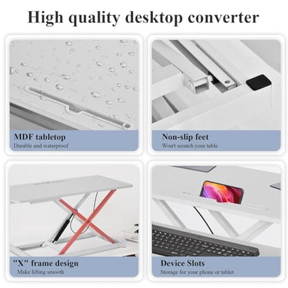 Standing Desk Converter 38 Inch, Height Adjustable Sit to Stand Workstation, Dual Monitor and Laptop Riser with Wide Keyboard Tray, Ergonomic Desk Topper for Home Office School, White - color: White