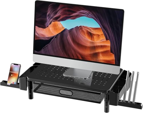Monitor Stand Riser with Drawer & Phone Holder, Black