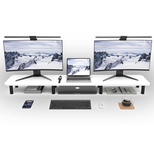 Dual Monitor Stand Riser 43.7 inch Large Extra Long Monitor Stand Riser Wide TV Stand Riser Monitor Stand for 2 Monitors Wood & Steel Leg Desktop Riser Desk Organization Home Office (White) - color: White