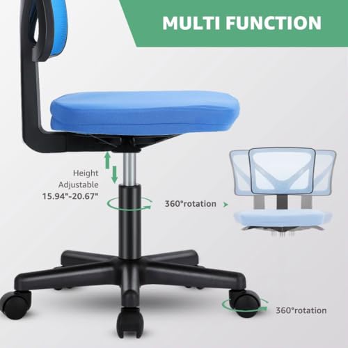 Armless Mesh Office Chair, Ergonomic Low Back Deskchair, Adjustable Rolling Task Computer Swivelchairs for Small Spaces Home Bedroom Study, Blue - color: Blue