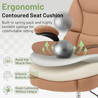 500LBS Drafting Chair, High Back Safer Standing Desk Chair, Executive Tall Office Chair with Flip-up Armrests, Upholstered PU Leather Task Chair, Ergonomic Seat with Adjustable Height&Foot Ring, Brown - color: Brown