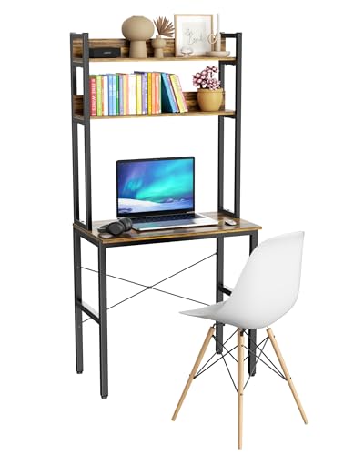Aquzee Small Desk with Shelves, Computer Desk with Hutch, 31" | Home Office Desk with Bookshelf, Study Table with Storage Shelf for Study/Writing/Workstation, Brown - color: Brown, size: 31inch