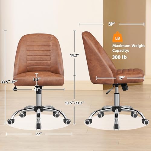 Yaheetech Retro Brown Faux Leather Armless Swivel Rolling Vanity Desk Chair | Compact faux leather seat fits small vanity, sewing or office desks; adjustable height, swivels on smooth wheels, fast setup. - color: Retro Brown