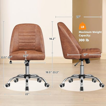 Yaheetech Retro Brown Faux Leather Armless Swivel Rolling Vanity Desk Chair | Compact faux leather seat fits small vanity, sewing or office desks; adjustable height, swivels on smooth wheels, fast setup. - color: Retro Brown