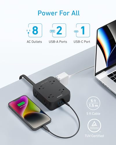 Anker Power Strip with 2000J Surge Protector, 5ft Outlet Extender, 20W, 8AC - color: Black, size: 5FT