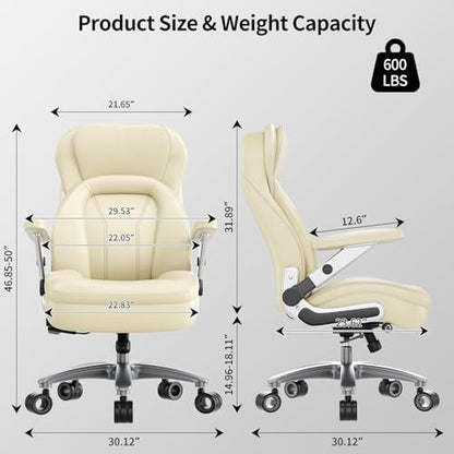 Big and Tall Office Chair, Heavy Duty Desk Chair with 5D Arms, Adjustable Lumbar Support & Height, Tilt Function, PU Leather High Back Ergonomic Executive Computer Chair - color: Beige