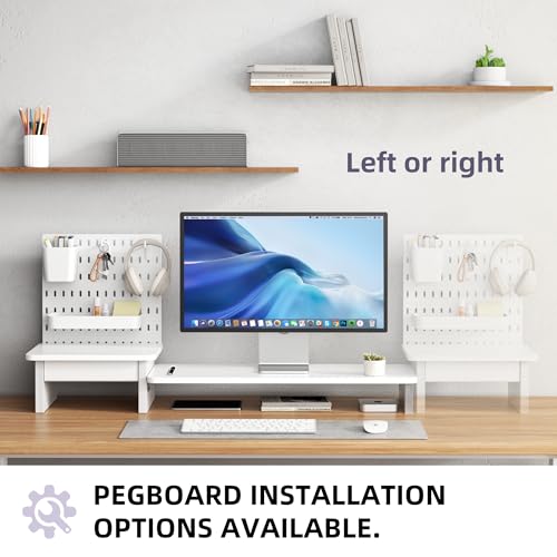 Pegboard Monitor Stand Riser,Computer Monitor Stand with 2 Hooks Cable Management Desk Organizer and Drawer for Laptop,PC,Computer,Printer,White