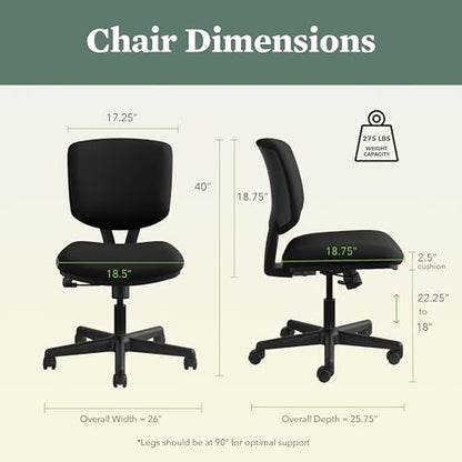 HON Volt Ergonomic Office Chair, Armless, Office Desk Computer Chair, Black - color: Fabric Back