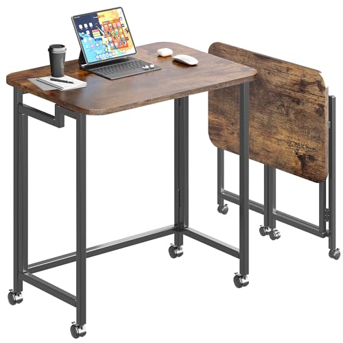 JSB Folding Desk for Small Spaces,Mobile Portable Rolling Laptop PC Table on Wheels,Foldable Computer Desk for Home Office,Bedroom,Dorm,Space Saving (Rustic & Brown, 23.6") - color: Rustic & Brown, size: 23.6"