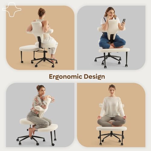 Extra Wide ADHD Cross Legged Office Chair, 360° Swivel Kneeling Meditation | Extra-wide cross-legged kneeling chair with reversible seat, 360° swivel, adjustable height—for ADHD, meditation & comfort - color: White