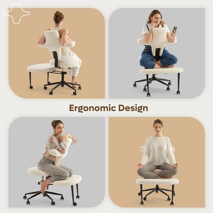 Extra Wide ADHD Cross Legged Office Chair, 360° Swivel Kneeling Meditation | Extra-wide cross-legged kneeling chair with reversible seat, 360° swivel, adjustable height—for ADHD, meditation & comfort - color: White