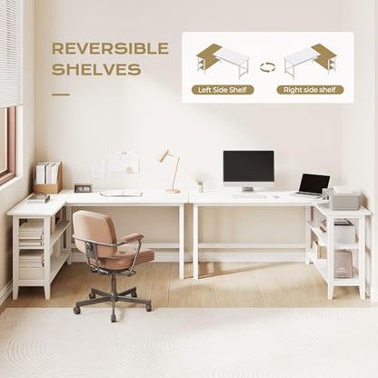 IOTXY 63" Reversible L-Shaped Office Desk with Storage Shelves, White - color: White, size: 63-inch