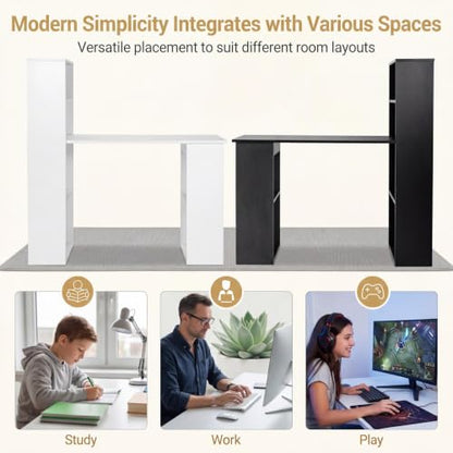 Tangkula White Computer Desk with Bookshelf, Writing Study Desk with Storage Shelves & CPU Stand, Modern Compact Computer Workstation for Home & Office, Space-Saving Design | Modern Compact Workstation w/Bookshelf Storage & CPU Stand, Space-Saving Design