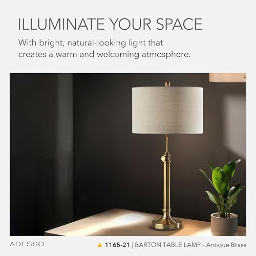 Adesso Table Lamp, Antique Brass & Oatmeal, Adjustable Height, 34.5” - color: Antique Brass, size: Table Lamp