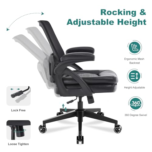 Big and Tall Office Chair, 500lbs Heavy Duty Ergonomic Mesh, Black | Flip-Up Armrests, Plus Size PU Leather Wide Seat, 360° Swivel Computer Executive Task Chair for Home Office, Up to 500LBS Cap - color: Black, size: 1BOX