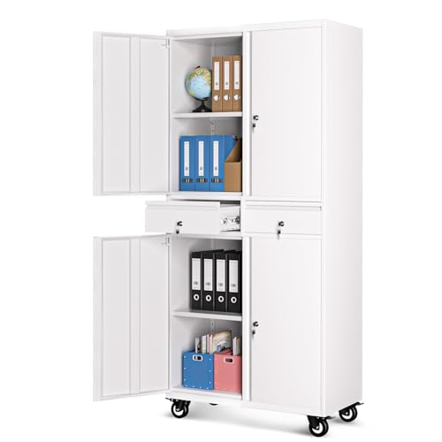 Metal Storage Cabinet with Wheels, 72” Rolling Garage Organizer with Locking Doors & 2 Drawers, Heavy Duty Steel Tool Cabinet with 3 Adjustable Shelves, Lockable Filing Cabinet for Home Office - color: White, size: 4 Doors Cabinet with Wheels and 2 Drawer