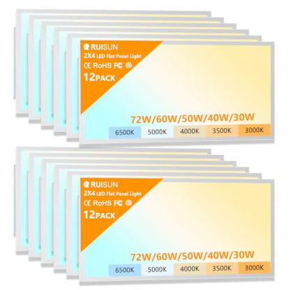 12 Pack 2x4 LED Flat Panel Lights with 5CCT Selectable, 9576LM, ETL | 72W/60W/50W/40W/30W,6500K/5000K/4000K/3500K/3000K,0-10V Dimmable, LED Drop Ceiling Fixtures for Office Meeting Classroom - size: 2x4FT 12PACK