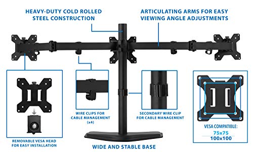 Mount-It! Triple Monitor Stand for Desk, 3 Monitor Mount Fits 19–27" Screens, Holds 15.4 lbs Each, Full Motion Triple Monitor Arm with Tilt Swivel Rotate, VESA 75x75, 100x100, Stable Freestanding Base