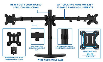 Mount-It! Triple Monitor Stand for Desk, 3 Monitor Mount Fits 19–27" Screens, Holds 15.4 lbs Each, Full Motion Triple Monitor Arm with Tilt Swivel Rotate, VESA 75x75, 100x100, Stable Freestanding Base