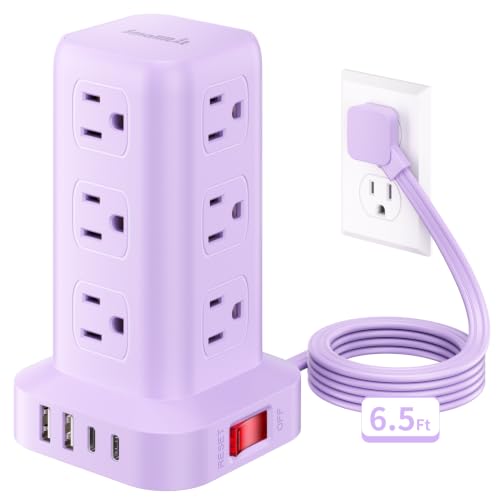 Extension Cord with Multiple Outlets, SMALLRT Power Strip Tower, Outlet Extender with 12 AC Outlets 4 USB, 6.5FT Extension Cord for Home Dorm Room, Office Supplies, Purple - color: Purple, size: 6.5 Ft without wireless charging