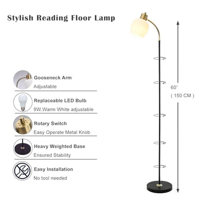 Adjustable Reading Floor Lamp,360°Rotatable Shade,3CCT LED Bulb Include,Black Gooseneck - color: Black Glass Shade