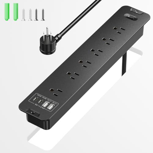 Recessed Surge Protector Power Strip with 6AC + 4USB (2 USB-C PD20W), 1800J, 6FT Extension Cord, Space-Saver Flush Mount for Conference Tables/Desks/Furniture/Kitchen - color: Black