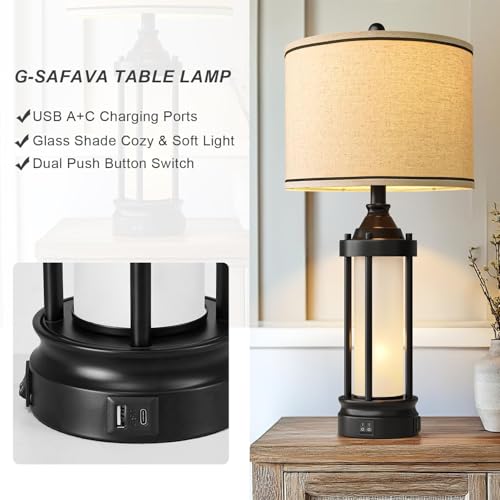 25'' Table Lamps for Bedroom Living Room Lamps Set of 2 Farmhouse Nightstand Bedside Lamps with USB Ports, Built-In Frosted Glass Night Light Industrial Metal Night Stand Lamp, Bulbs Included, Black - color: Metal Black - Set of Two
