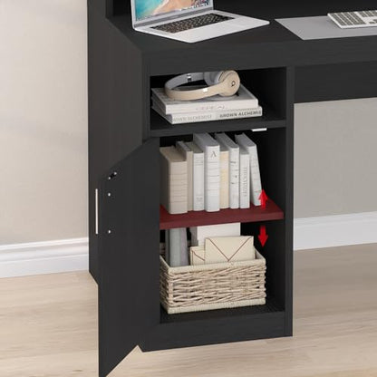 65" Black Computer Desk with 3 Drawers & Printer Shelf for Home Office | Computer Desk with Printer Shelf & File Drawer, Executive Desk Writing Study Table with Monitor Stand, Black - color: Black