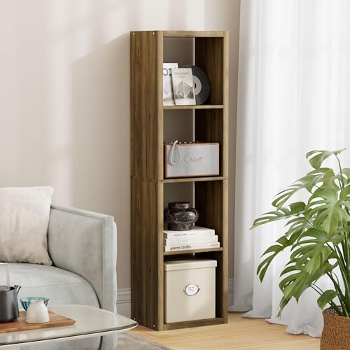 4 Cube Storage Organizer Single Row, Cube Shelf with Heavy-Duty Thick Boards, 13.31" L x 9.37" W x 48.82" H, Smooth Easy-Clean Panels, Simple Assembly, for Living Room Bedroom Office, Brown - color: Brown, size: 4 Cube-13.31" L x 9.37" D x 48.82" H